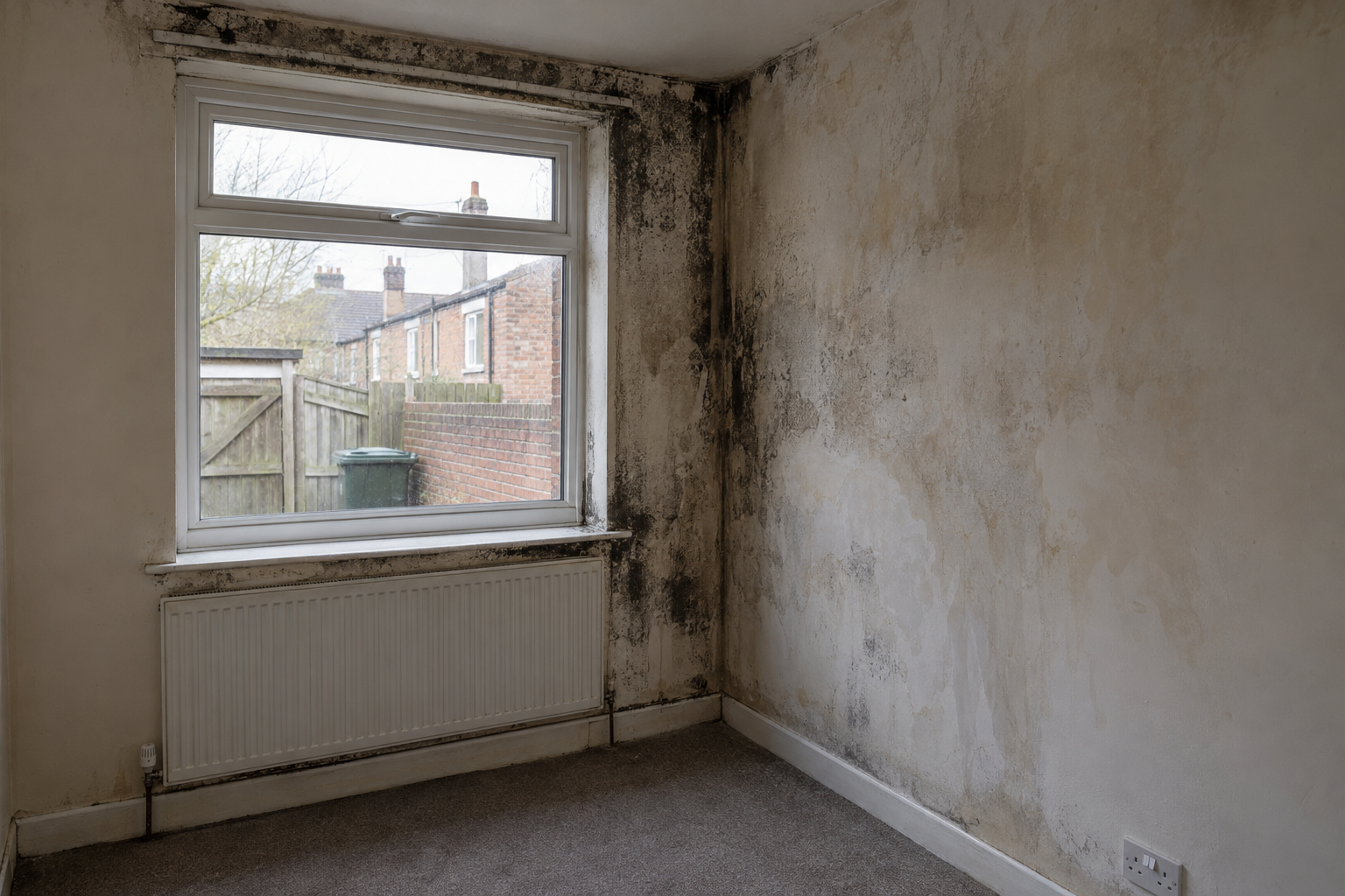 Mould around a uPVC bedroom window in an English rental home, illustrating hazards addressed by Awaab’s Law.