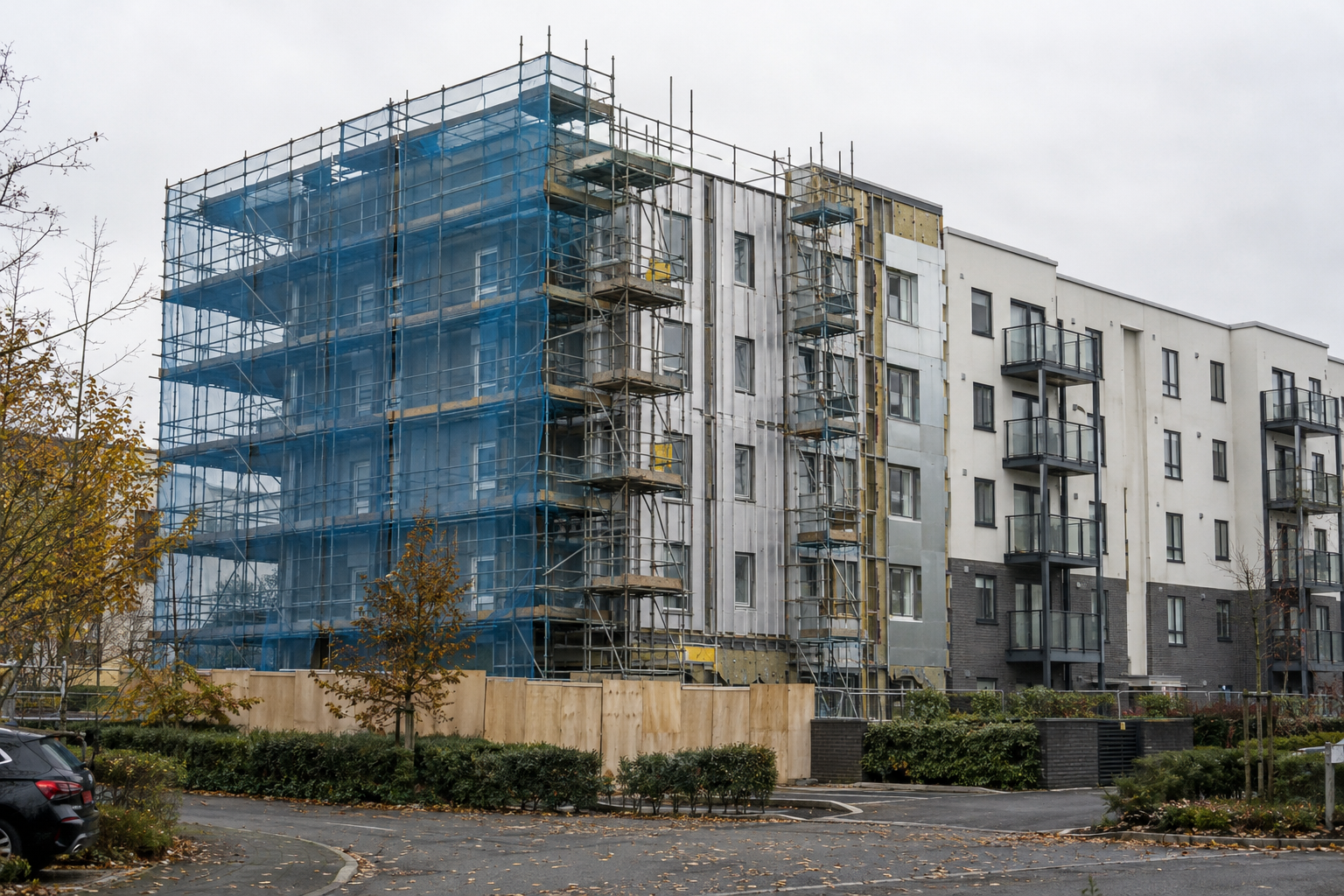 Scaffolding and protective mesh around a block of flats in England during cladding remediation work under the new cladding bill